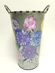 Hand Painted Floral Theme Galvanized Metal Umbrella Stand  Rustic Country Home Decor