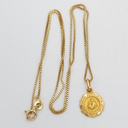 18k Gold Religious Pendant On 19' 18k Gold Box Chain  4.34g