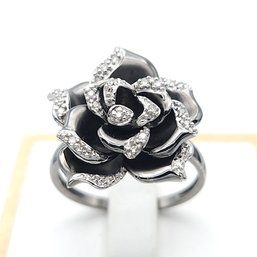 14k White Gold & Diamond Rose Flower Ring W Smokey Grey Patina 5.89g
