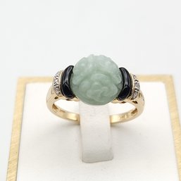 14k Gold Jade Onyx Diamond Ring Sz 8- 4.47g