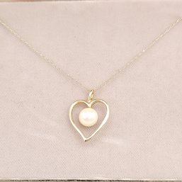 Vintage 14k 1/2' Gold Heart Pearl Pendant On 18' 14k Chain