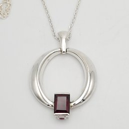 Elle Sterling Silver 1 3/4' Simulated Garnet Pendant On .925 Adjustable Chain