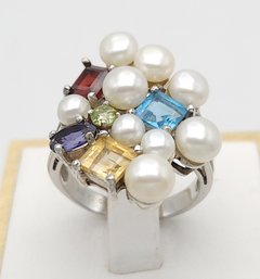 High Fashion Sterling Silver Pearl & Multi Color Gemstone Ring Sz7