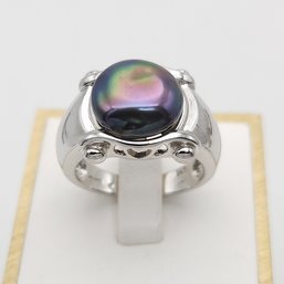 Sterling Silver Black Mabe Pearl Ring Sz8