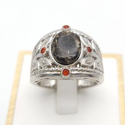 Stunning Sterling Silver Opal Bearing Ironstone & Fire Opal Accent Ring Sz 8