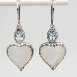 Beautiful 1 1/2' Sterling Silver Heart Shaped MOP &topaz Earrings