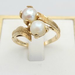 14k Yellow Gold Double Pearl Bypass Ring Sz 7