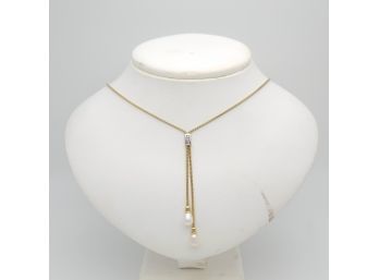 14k Gold 16' Lariet Neclace With Pearl And Diamond Drop 6.25g