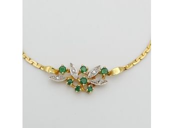 14k Gold 16' Emerald & Diamond Wheat Chain Pendant Necklace 7.98g
