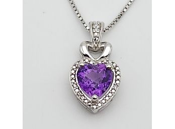 Sterling Silver Heart Shaped Amethyst And Diamond Pendant On 18' Sterling Box Chain