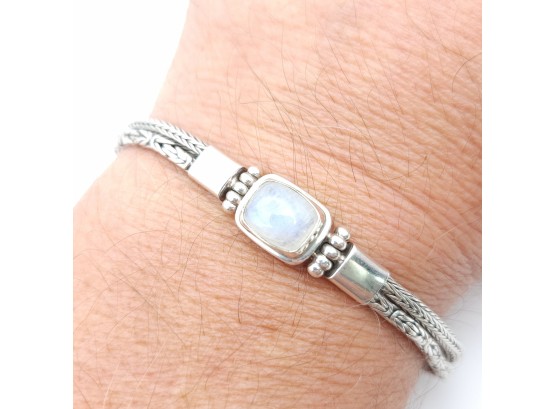 Sterling Silver Double Chain Moonstone 7' Toggle Clasp Bracelet 17.54g