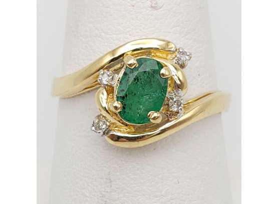 14k Gold Natural Emerald And Diamond Ring Size 9- 3.46g