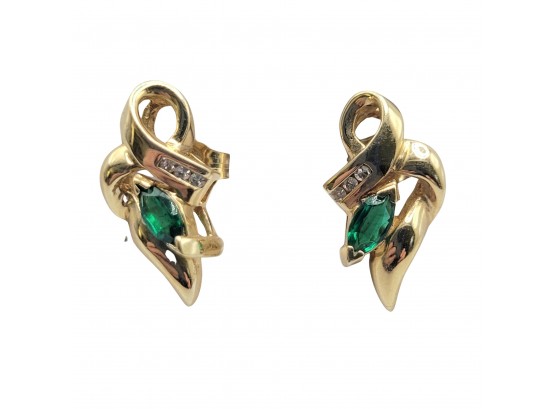 14k Yellow Gold Emerald And Diamond Pierced Earrings  3.96g