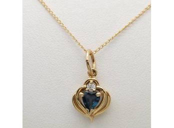 14k Gold Heart Shaped Sapphire And Diamond Pendant On 20 Chain