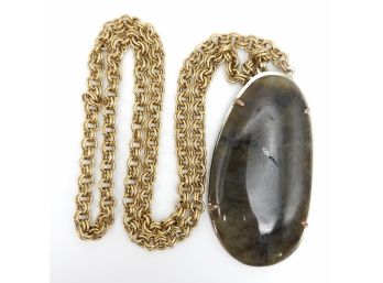 Vintage Stella & Dot Large Dark Green Natural Stone Pendant Statement Necklace 30' Chain