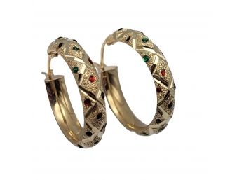 10k Yellow Gold Emerald , Ruby And Sapphire  1' Hoop Earrings 3.63g