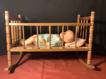 Jenny Lind-Large Wooden Doll Cradle W/ Doll