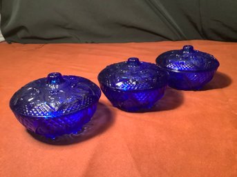 3 Cobalt Blue Glass Covered Containers