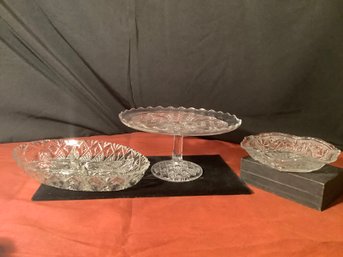 Pedestal Cake Tray, Divided Dish & Cut Crystal Bowl