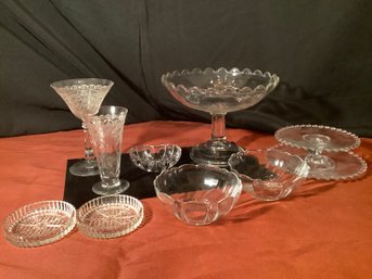 ANTIQUE ETCHED CHAMPAGNE & DRINKING GLASS-TOASTING GLASSES,COMPOTE,  COOKIE DISHES, COASTERS,BOWLS