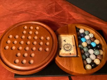 Wooden Solitaire  Board Game W/ Aggregate Marbles