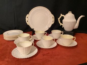 Beleek China Teapot, Serving Plate, Cups & Saucers & Luncheion Or Dessert Dishes