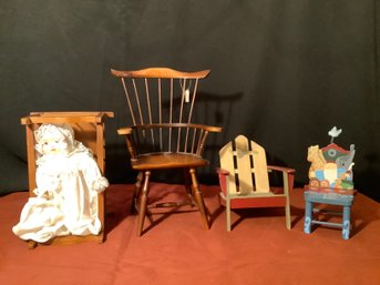 Doll Furniture- Cradle W/ Doll, Adirondack Chair, Hitchcock Chair & More