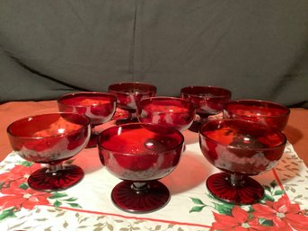 Vintage Ruby Glass Footed Dessert Dishes W/ Swirl Base