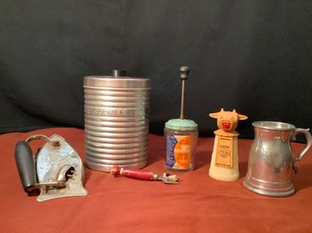 MCM Cookie Jar, Beer Stein, Food Chopper W/Original Label, Zester & Foldable Vintage Iron