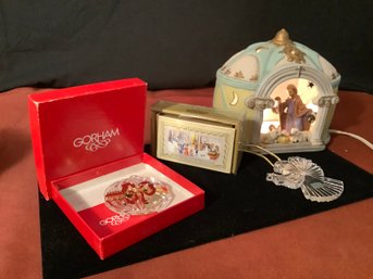 Miniature Lit Nativity Set,   Animated Musical Songbook- Joy To The World, Gotham Ornament InBox& More