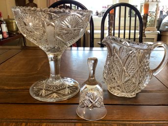 Compote, Crystal Bell & Creamer/Pitcher-3 Nice Pieces