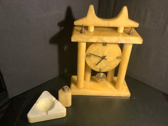 Asian Style Alabaster Mantle Clock, Cigarette Lighter, Ashtray