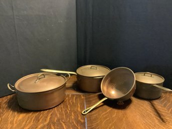 Group Of Copper Pots With Brass Handles & Strainer