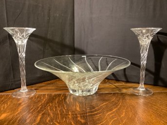 Crystal Swirled Bowl With Swirled  Candle Sticks