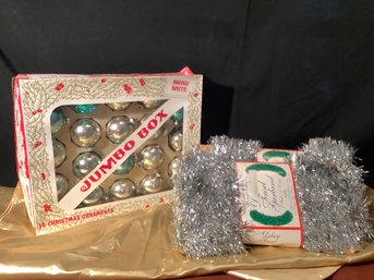 Jumbo Box Shiny Brite Glass Ornaments & 2 Packs Of Tinsel