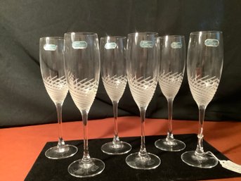 New-Art Deco-Fine Swirled Etched Champagne Flutes By Durand W Foil Labels