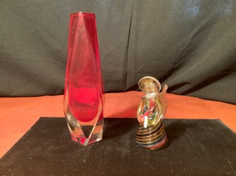 Holiday Art Glass Decor- Red Glass  Modern Vase &  Art Glass Hand Blown Angel