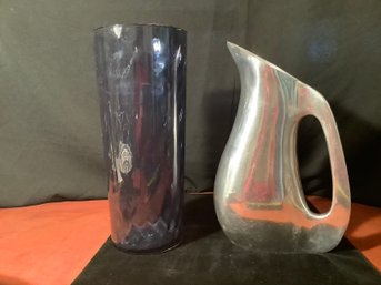MCM Aluminum Pitcher And Cobalt Blue Glass Vase