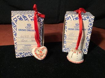 Rare-Irish Dresden Love Heart & Xmas Bell Ornaments In Boxes