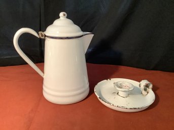 Vintage Enamel  Coffee Pot With Enamel Candle Holder