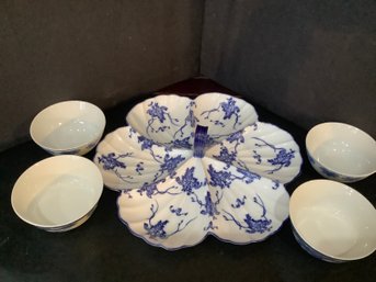 BLUE & WHITE ASIAN DIVIDED SERVING DISH & BOWLS