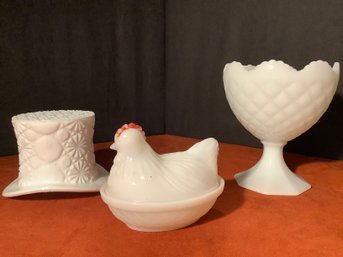 Vintage Milk Glass Nesting Hen, Hat & Pedestal Compote-Read Description