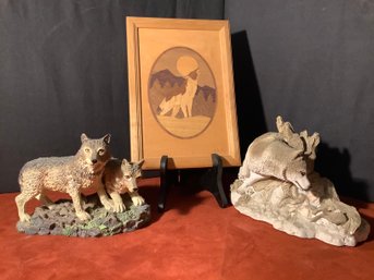 WOLF COLLECTION-WOOD MARQUETRY SIGNED & FIGURINES