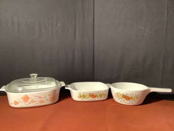 3 Assorted Pyrex Corning Ware Including Casserole W/ Lid
