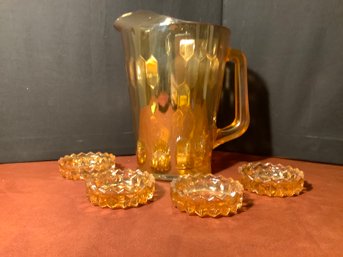 Vintage Carnival Glass Pitcher And Coasters