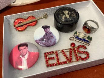 Elvis Presley Group Including Rare Ring, Pins, & Trinket Box & More Collectibles