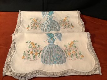 Matching Pair Of Hand Embroidered Dresser Scarves