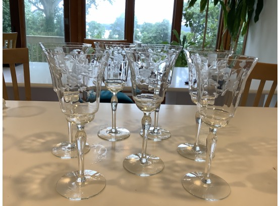 GROUPING OF ETCHED WINE GLASSES-CLEAN
