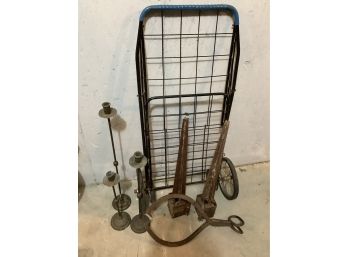 Cart,  Antique Ice Tongs Candle Sticks And More