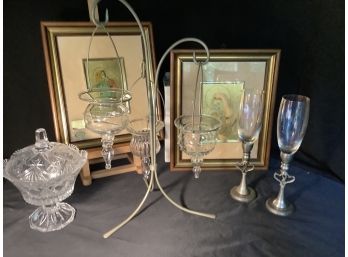 PEWTER CHAMPAGNE FLUTES, GLASS HANDLE HOLDER & MORE